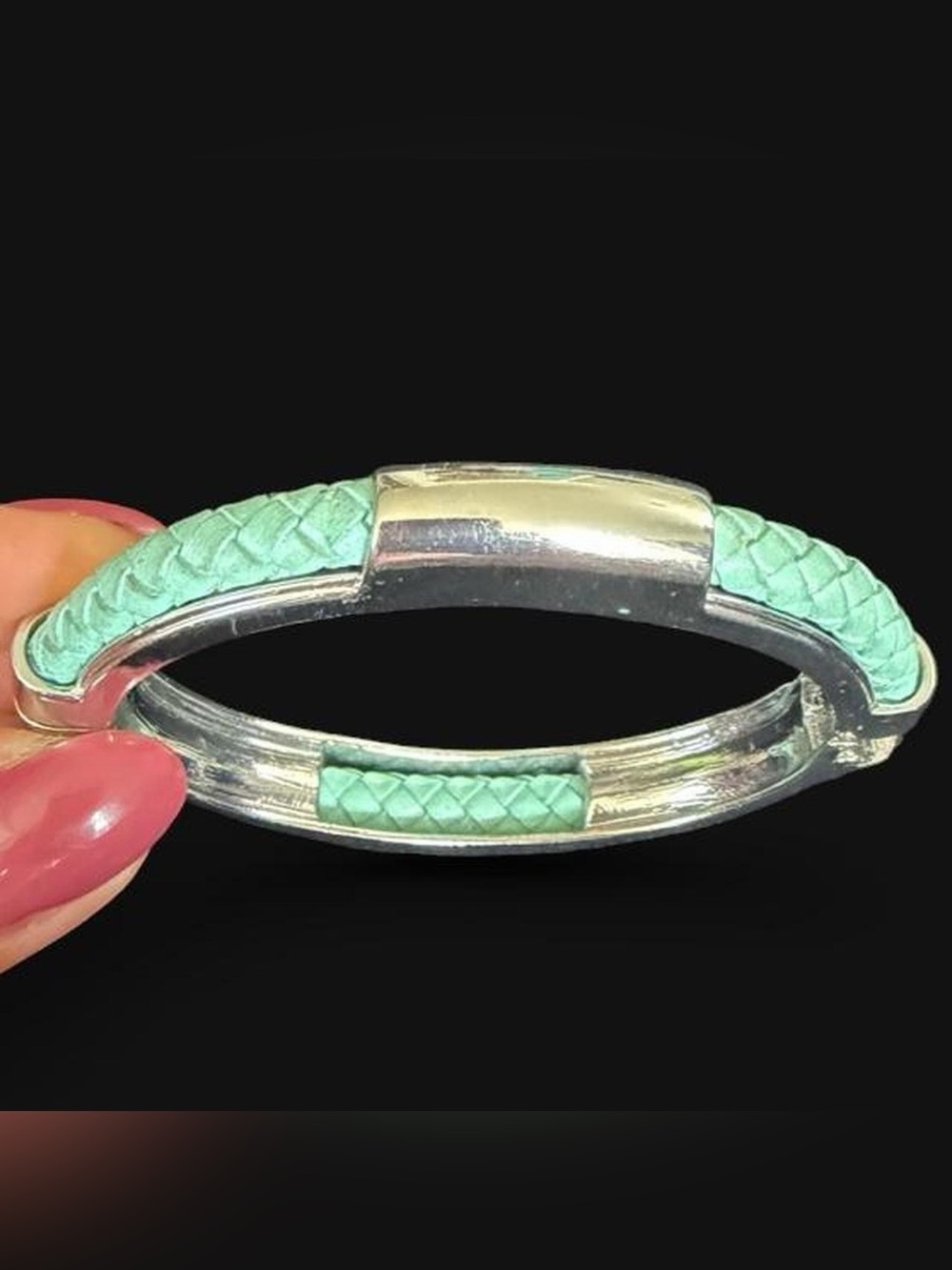 Turquoise Braided Leather and Silver Tone Bangle Bracelet